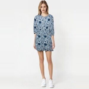 Beau & Ro The Franklin 3/4 Sleeve Cotton Poplin Midi Dress in Blue Floral Small